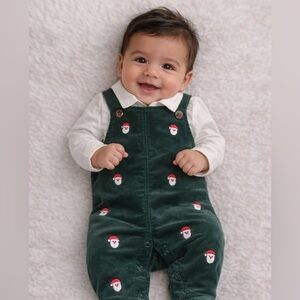 NWT!Green Santa Embroidered Kids Overalls